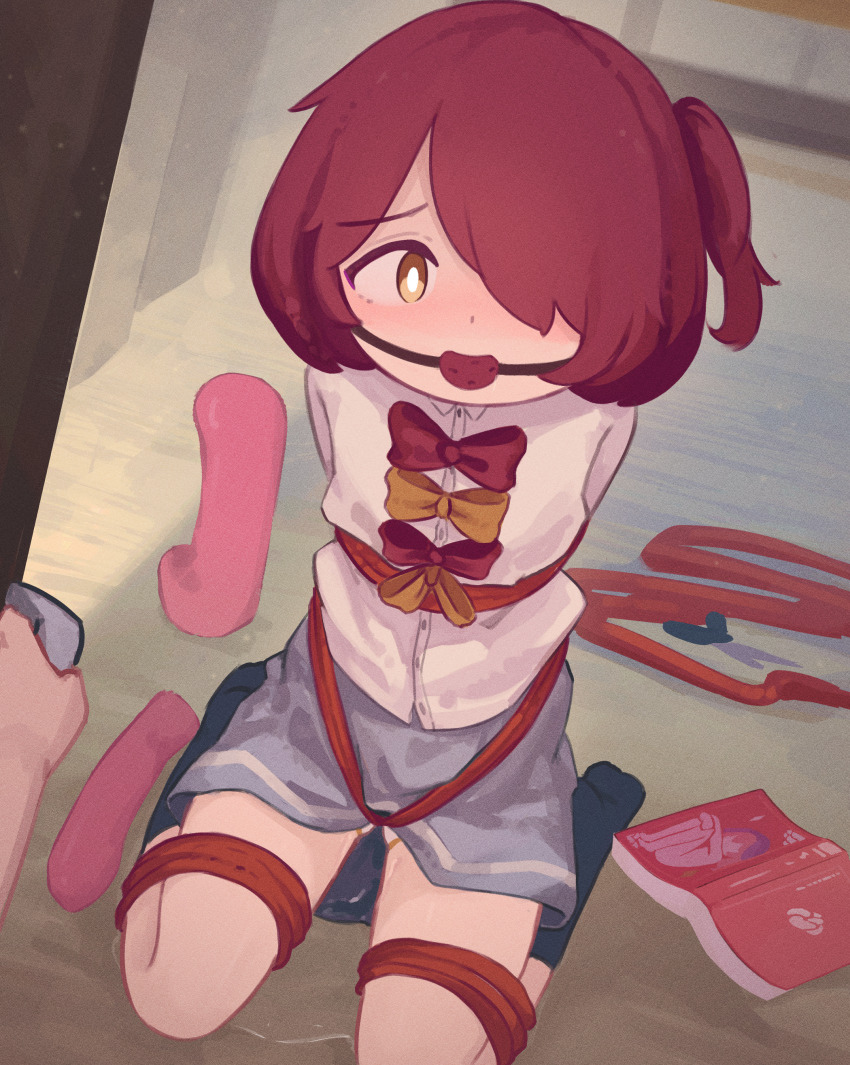 1girl absurdres ball_gag bdsm bondage bound bow bowtie gag gagged hair_over_one_eye highres kanbaki komari_chika make_heroine_ga_oo_sugiru! pussy_juice red_bow red_bowtie rope sex_toy shibari shirt skirt solo_focus vibrator white_shirt