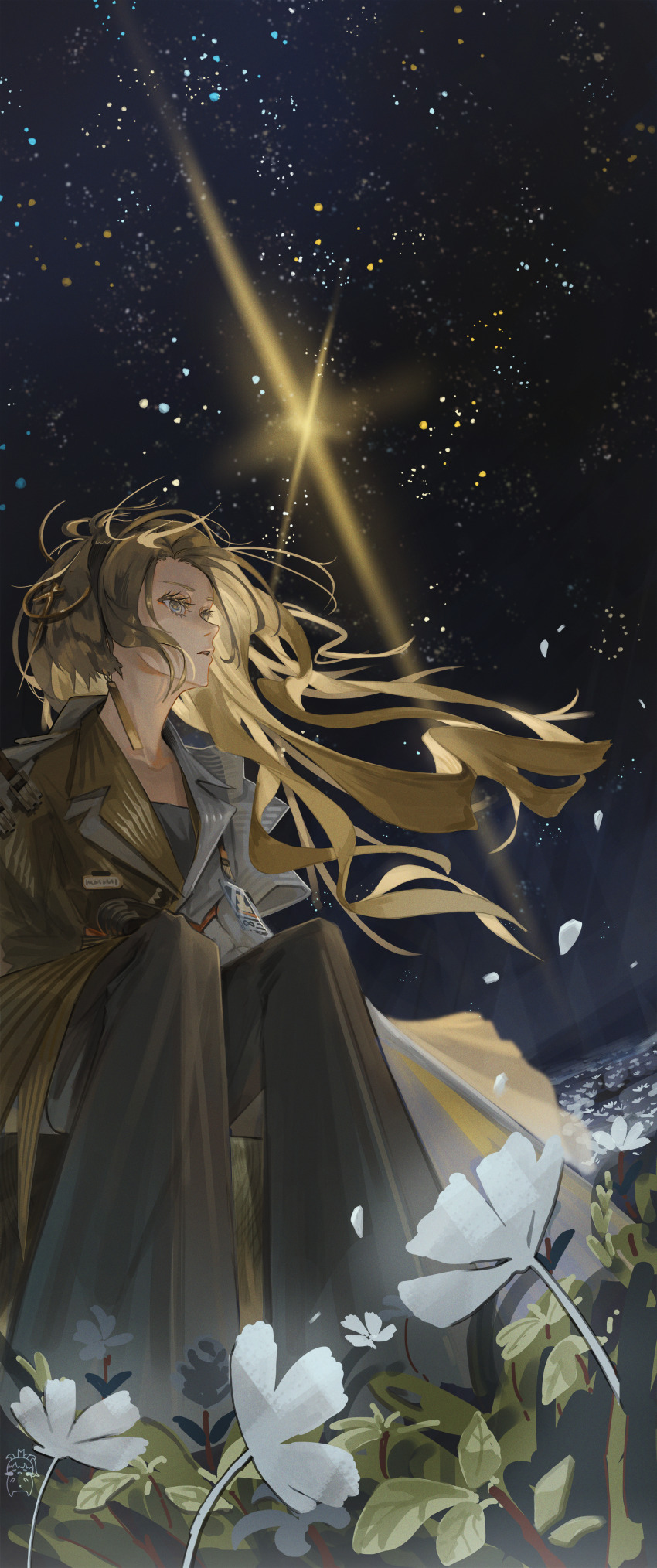 1girl absurdres arknights bell-bottoms blonde_hair blue_eyes charliehero coat eyelashes flower grass highres kristen_(arknights) long_hair looking_up pants parted_lips scene_reference sitting sky star_(sky) starry_sky