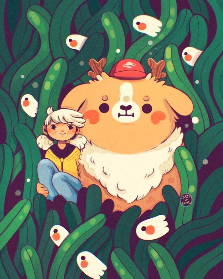 animal antlers artist_name closed_mouth commentary denim dog ellievsbear english_commentary ghost grass hat highres horns jeans looking_at_viewer original oversized_animal pants planet red_hat signature sitting smile solid_circle_eyes spirit twintails white_hair