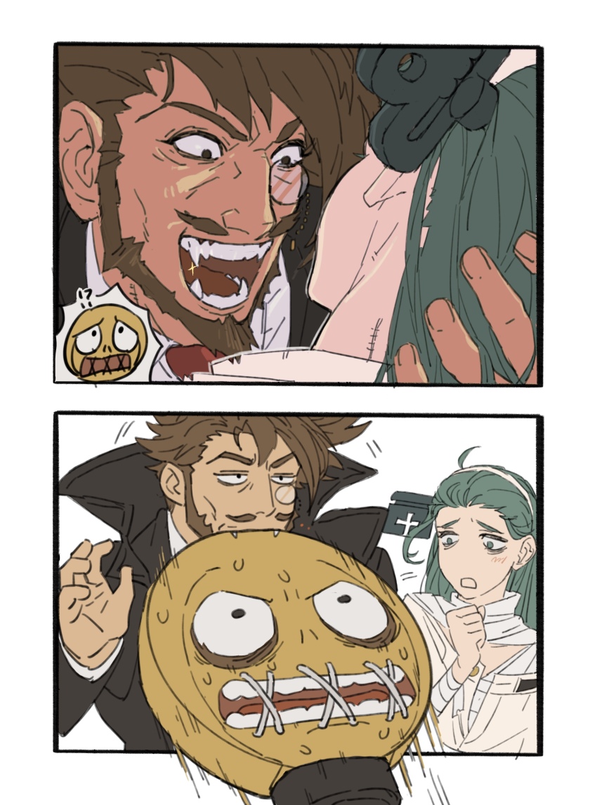 1boy a.b.a absurdres bags_under_eyes bandaged_chest beard facial_hair guilty_gear guilty_gear_strive highres key key_in_head monocle monocle_chain mustache object_through_head paracelsus_(guilty_gear) slayer_(guilty_gear) stitched_mouth stitches suamarada vampire