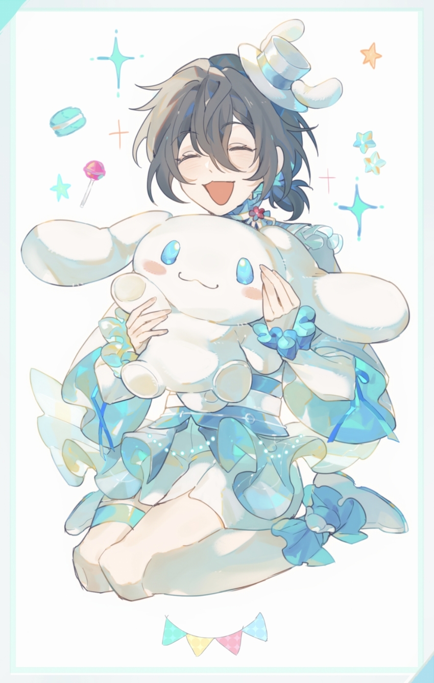 1boy :3 :d black_hair blue_scrunchie candy chinese_commentary cinnamoroll closed_eyes commentary_request ensemble_stars! food fuwa_fuwa_cinnamoroll hair_between_eyes hat hat_with_ears highres holding holding_stuffed_toy kneeling lollipop macaron male_focus mini_hat mini_top_hat open_mouth sanrio scrunchie shiina_niki shoes short_hair shorts smile solo sparkle star_(symbol) stuffed_toy tie_fei_wu_mang_dashuai top_hat variant_set white_background white_hat white_shoes white_shorts wrist_scrunchie