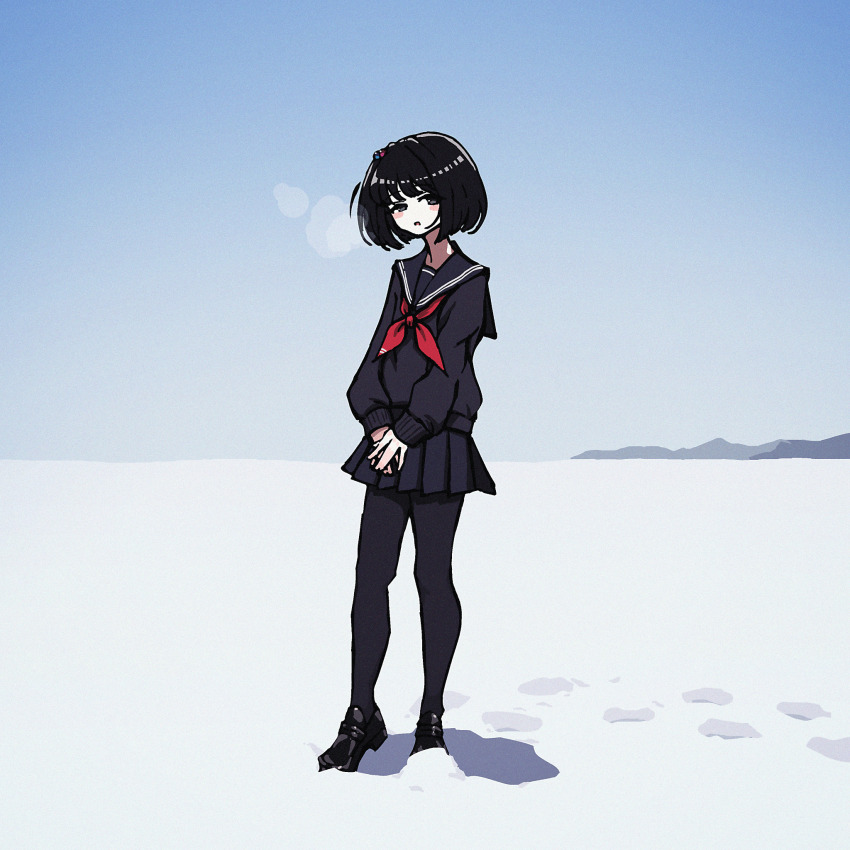 1girl amemori_sayo beads black_eyes black_hair black_pantyhose black_sailor_collar black_serafuku black_shirt black_shoes black_skirt blue_sky blush bob_cut breath clear_sky cold day footprints full_body hair_beads hair_ornament head_tilt highres horizon legs_apart loafers long_bangs long_sleeves looking_at_viewer miniskirt mountainous_horizon neckerchief nijisanji nkymyura open_mouth outdoors own_hands_together pantyhose pleated_skirt red_neckerchief sailor_collar school_uniform serafuku shadow shirt shoes short_hair skirt sky sleeve_cuffs snow solo virtual_youtuber
