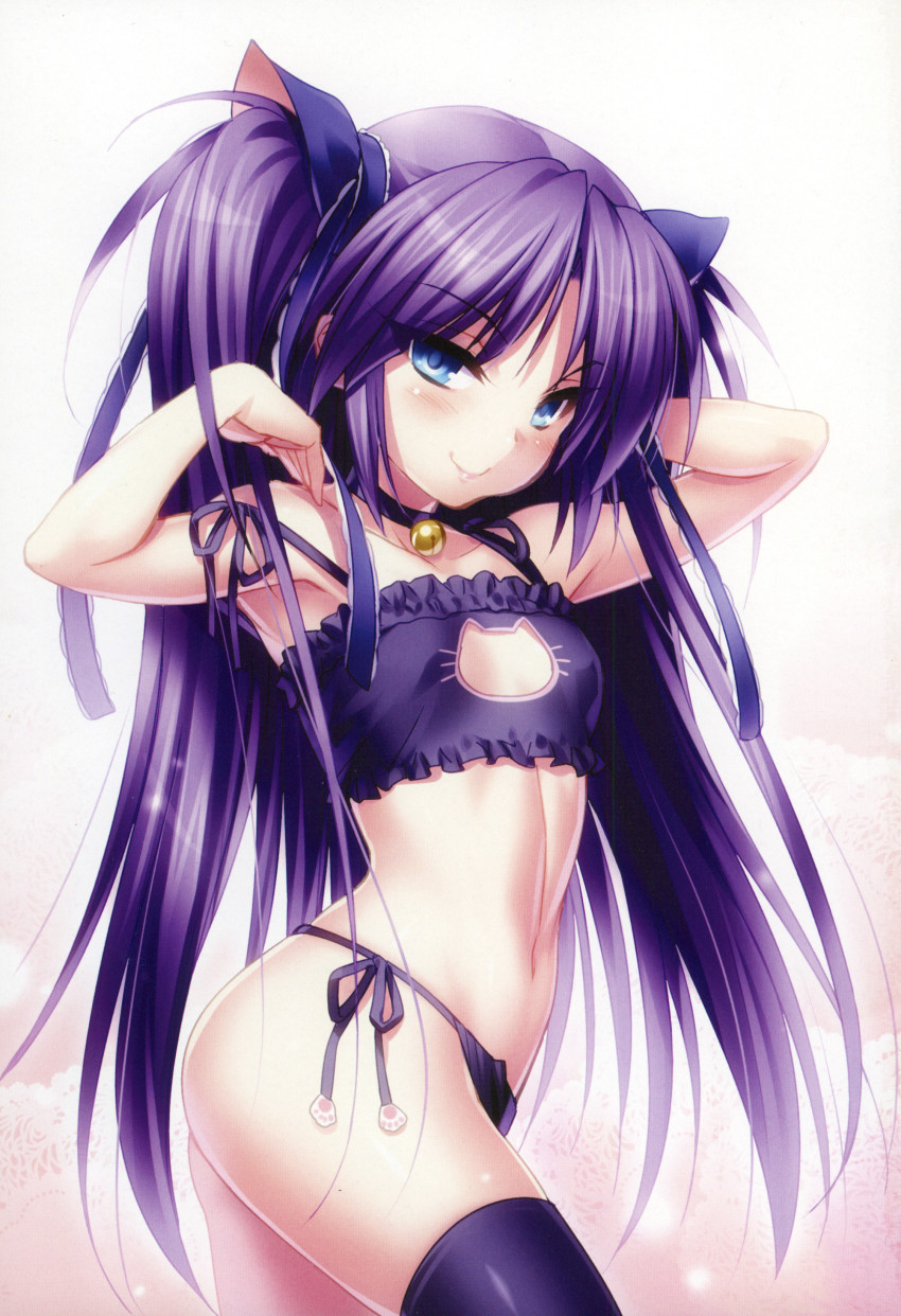 1girl absurdres bell black_bra black_panties black_thighhighs blue_eyes blush bra cat_cutout cat_lingerie choker cleavage_cutout clothing_cutout contrapposto from_side highres jingle_bell little_busters! long_hair looking_at_viewer meme_attire navel neck_bell panties purple_hair sasasegawa_sasami scan side-tie_panties simple_background smile solo standing thighhighs two_side_up underwear underwear_only zen