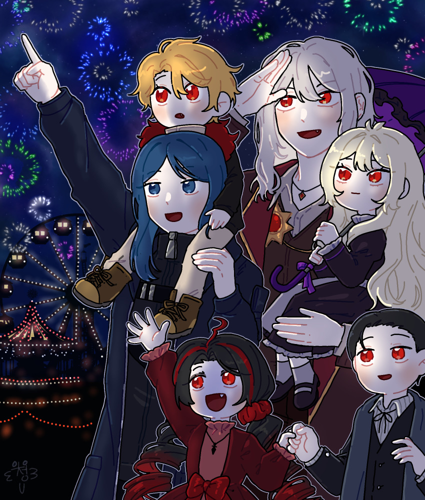 2boys 4girls aerial_fireworks aged_down amusement_park bari_(project_moon) black_dress black_hair black_jacket blonde_hair blue_eyes blue_hair blue_jacket cryung9913 curiambro_(project_moon) don_quixote_(project_moon) dress dulcinea_(project_moon) fireworks grey_hair highres jacket la_manchaland&#039;s_don_quixote_(project_moon) limbus_company long_hair long_sleeves multicolored_hair multiple_boys multiple_girls nicolina_(project_moon) night night_sky open_mouth project_moon red_dress red_eyes red_hair sancho_(project_moon) shirt short_hair sky streaked_hair