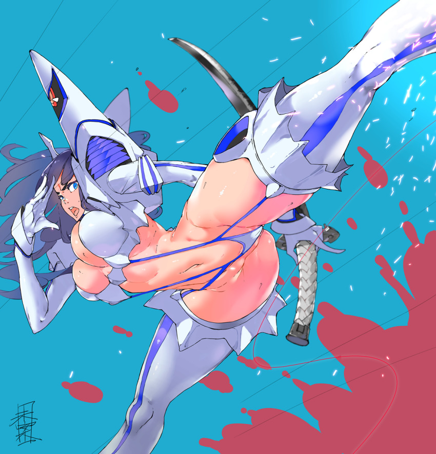 1girl ass attack bakuzan black_hair blood blood_splatter blue_eyes blue_thighhighs blunt_bangs boots breasts cameltoe cleavage gloves gluteal_fold groin groin_tendon high_kick highres holding holding_sword holding_weapon junketsu kamui_(kill_la_kill) katana kicking kill_la_kill kiryuuin_satsuki large_breasts life_fiber linea_alba living_clothes long_hair long_sleeves mian motion_lines navel open_mouth partially_visible_vulva revealing_clothes reverse_grip signature solo sword teeth thick_eyebrows thigh_boots thighhighs tongue tsuba_(guard) tsuka-ito two-tone_thighhighs underboob underbust upper_teeth_only weapon white_gloves white_sleeves white_thighhighs
