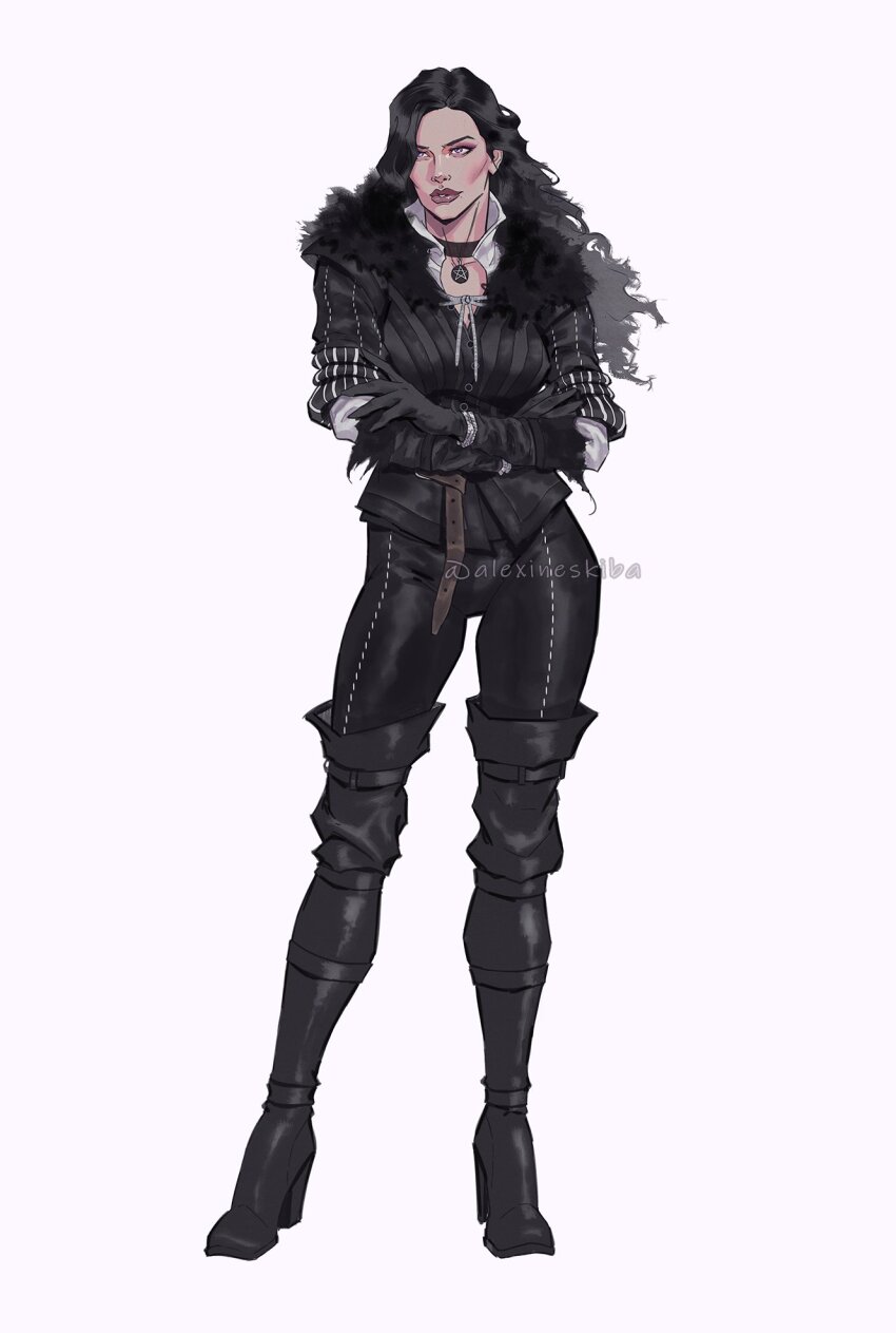 1girl aleksandra_skiba artist_name black_boots black_choker black_gloves black_hair black_jacket black_pants boots choker crossed_arms full_body gloves highres jacket long_hair pants pendant_choker purple_eyes simple_background solo the_witcher_(series) the_witcher_3 thigh_boots white_background yennefer_of_vengerberg
