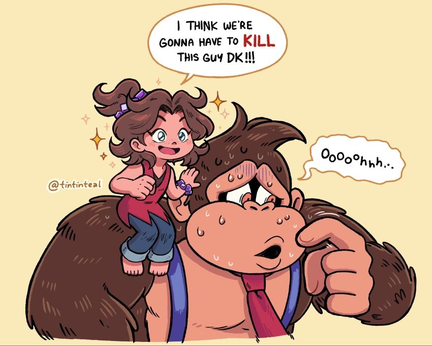 1boy 1girl donkey_kong donkey_kong_(series) donkey_kong_bananza english_text highres i_think_we&#039;re_gonna_have_to_kill_this_guy_steven_(meme) justin_leal meme necktie nintendo pauline_(mario) pauline_(young)_(mario) scrunchie simple_background sitting_on_shoulder speech_bubble suspenders sweat topknot upper_body wrist_scrunchie