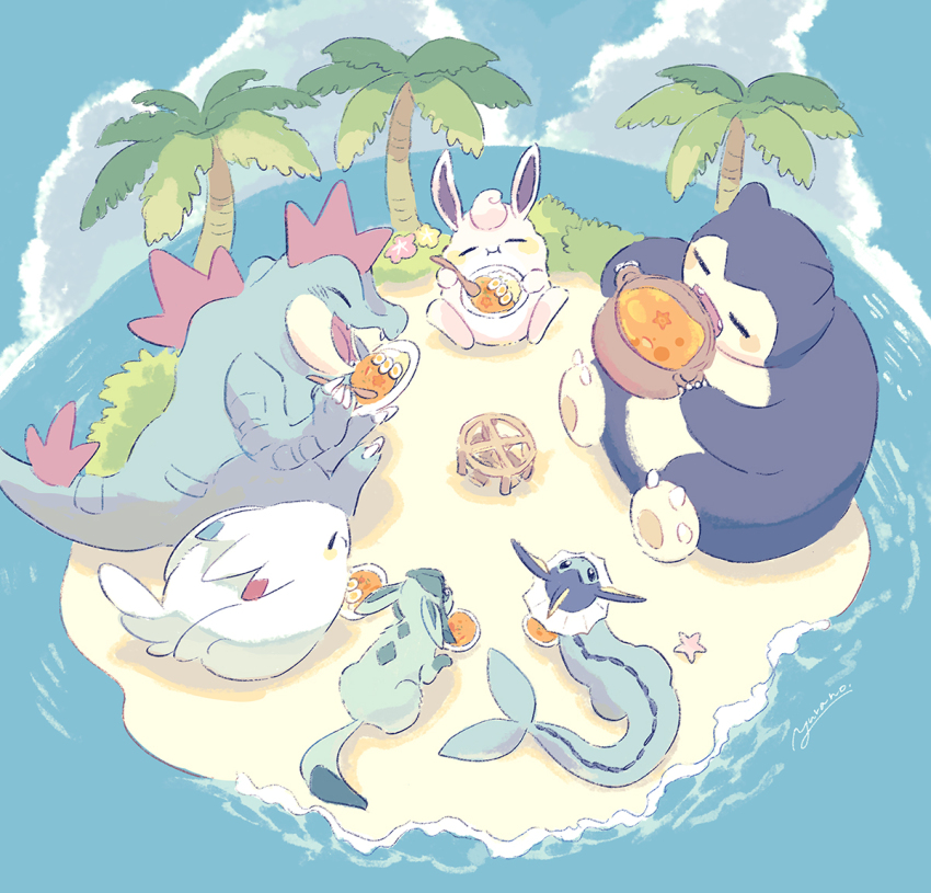 animal_focus blush blush_stickers claws closed_eyes cloud commentary_request cooking_pot curry day eating egg_(food) fangs feraligatr food gen_1_pokemon gen_2_pokemon gen_4_pokemon glaceon lying nintendo no_humans open_mouth outdoors palm_tree plate pokemon pokemon_(creature) pokemon_sleep sitting smile snorlax spoon starfish togekiss tree vaporeon water wigglytuff yurano_(upao)
