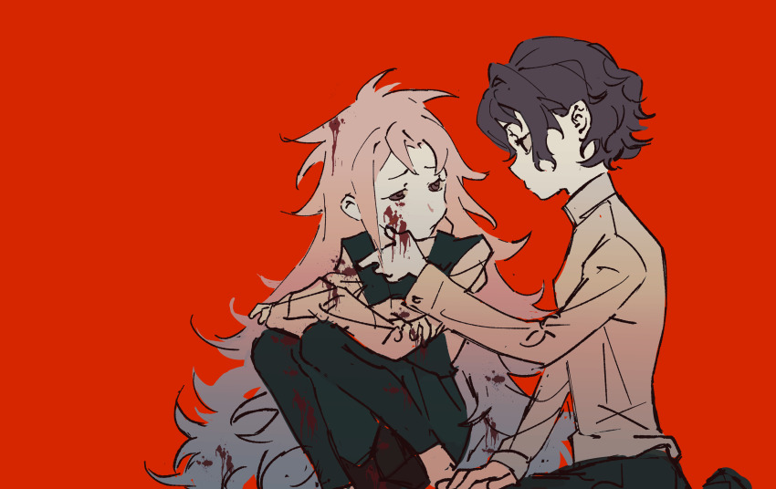 2boys absurdres black_hair black_pants black_vest blood blood_on_clothes blood_on_face blood_on_hands brown_shirt chuanhua closed_mouth commentary hatsutori_hajime highres long_hair long_sleeves male_focus multiple_boys pale_skin pants pink_hair purple_eyes red_background saibou_shinkyoku shirt short_hair simple_background sitting sketch symbol-only_commentary utsugi_noriyuki very_long_hair vest