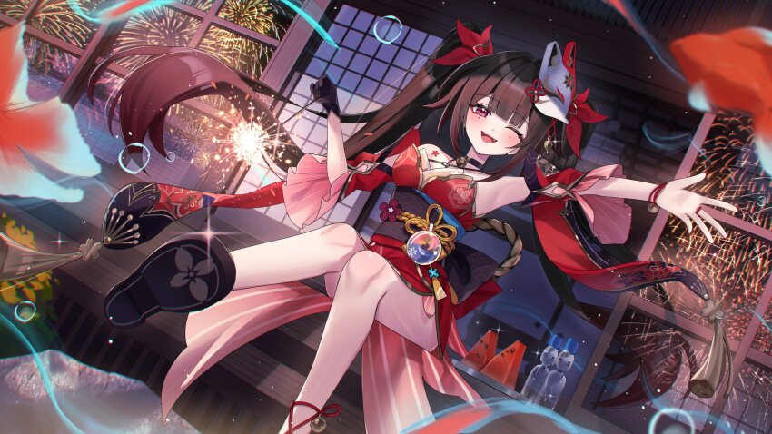 1girl absurdres armpits black_gloves brown_hair detached_sleeves dress fireworks floating_hair fox_mask gloves highres holding honkai:_star_rail honkai_(series) long_hair looking_at_viewer mask mask_on_head one_eye_closed open_mouth outdoors red_dress sandals short_sleeves single_glove sitting smile solo sparkle_(honkai:_star_rail) tsukimori_mochi twintails very_long_hair