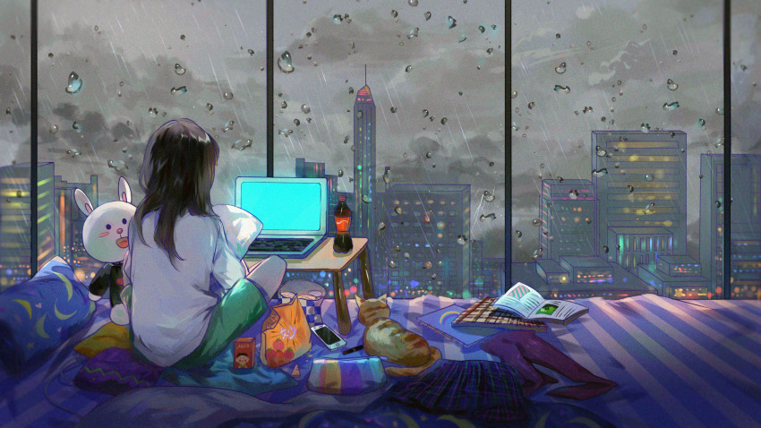 1girl bed black_hair book building candy cat cellphone city commentary computer food hat highres jamjar77 juice_box laptop long_hair hugging_object on_bed open_book original pants phone pillow rain scenery shirt shorts sitting skirt smartphone snack soda_bottle solo stuffed_animal stuffed_toy symbol-only_commentary white_shirt window