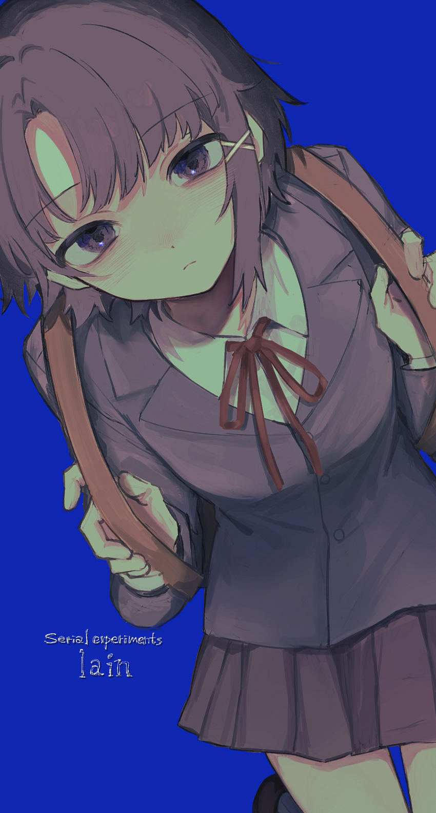1girl asymmetrical_hair backpack bag blazer blue_background blush brown_bag brown_skirt buttons character_request closed_mouth collared_shirt copyright_name cowboy_shot curtained_hair from_above frown hair_ornament hands_up highres holding holding_bag iwakura_lain jacket labo_9696 lapels layered_sleeves leaning_forward long_sleeves looking_at_viewer miniskirt neck_ribbon notched_lapels pleated_skirt purple_eyes purple_jacket red_ribbon ribbon school_uniform serial_experiments_lain shirt short_hair simple_background skirt solo thigh_gap white_shirt x_hair_ornament