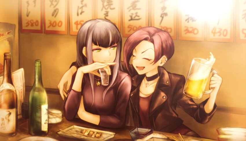 2girls aikatsu!_(series) aikatsu_stars! alcohol arm_over_head bad_id bad_twitter_id beer beer_mug black_choker black_hair black_jacket bottle choker closed_eyes closed_mouth cup drinking_glass hibiki_anna highres holding holding_cup image_sample indoors izakaya jacket jewelry long_hair long_sleeves looking_at_another menu mug multiple_girls necklace open_mouth poster_(object) red_shirt sake_bottle shiontaso shirt short_hair smile spilling table twitter_sample upper_body yachigusa_momoko