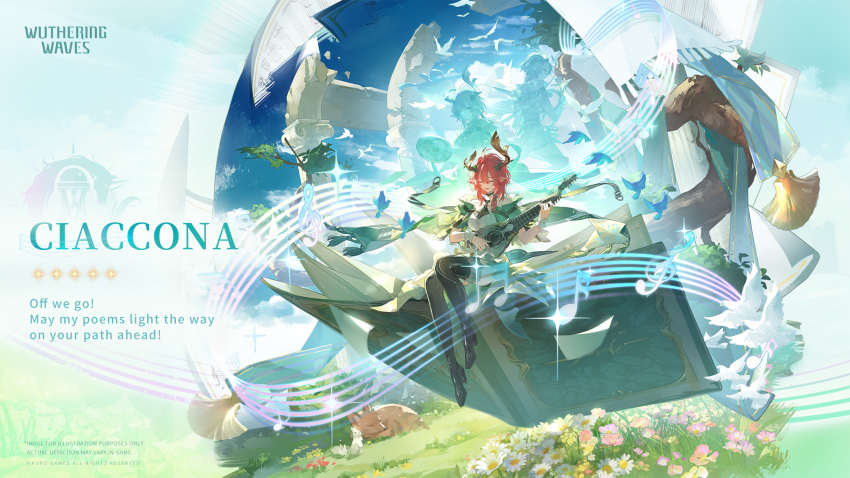 1girl bard bare_shoulders bird black_boots blue_sky boots breasts brown_horns ciaccona_(wuthering_waves) closed_eyes commentary copyright_notice day dress english_commentary english_text flower grass hair_between_eyes hair_flower hair_ornament highres holding holding_weapon horns large_breasts logo medium_hair multiple_views musical_note official_art outdoors pointy_ears red_hair sky tacet_mark_(wuthering_waves) thigh_boots thighs weapon white_bird white_dress white_wrist_cuffs wide_shot wrist_cuffs wuthering_waves