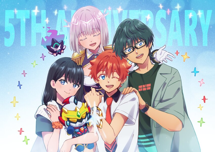 2girls 3boys alexis_kerib alexis_kerib_(new_order) anniversary black_hair black_skirt blue_eyes blush bow breasts doll glasses gloves green_hair gridman_(ssss) gridman_universe gridman_universe_(movie) gridman_universe_fighter hibiki_yuuta highres jacket large_breasts light_purple_hair long_hair looking_at_viewer multiple_boys multiple_girls necktie nikonishi open_mouth red_bow red_hair school_uniform scrunchie shinjou_akane shinjou_akane_(new_order) shirt short_hair skirt smile stuffed_toy takarada_rikka utsumi_shou white_gloves white_shirt wrist_scrunchie