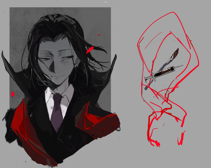 1boy black_jacket blood bungou_stray_dogs chinese_commentary closed_mouth collared_shirt commentary_request curtained_hair grey_background highres jacket kuma_(yoooooooo152) male_focus mature_male mori_ougai_(bungou_stray_dogs) necktie parted_bangs purple_eyes purple_necktie scalpel shirt sideways_glance smile solo syringe white_shirt