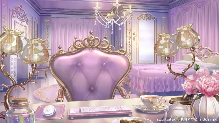 armchair artist_name bed bedroom blanket cabinet candy candy_jar chair chandelier checkerboard_cookie cookie cup curtains flower food highres himeno_aimu indie_virtual_youtuber indoors jar computer_keyboard lamp computer_mouse mousepad_(object) muntins no_humans official_art pillow pink_flower pink_rose plate rose rug saucer scenery stool sugawa_mako table tea teacup teapot teaspoon vanity_table vase wall_lamp window