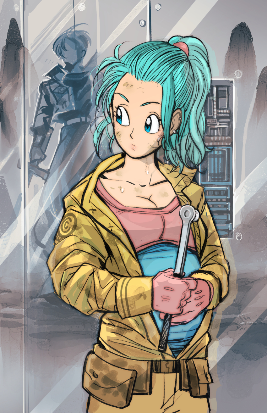 1girl amartbee aqua_eyes aqua_hair breasts bulma bulma_(future) cleavage commentary dirty dirty_face dragon_ball dragonball_z ear_piercing earrings english_commentary gloves hair_pulled_back highres jacket jewelry large_breasts piercing ponytail pouch pregnant red_gloves socket_wrench solo sweatdrop trunks_(dragon_ball) trunks_(future)_(dragon_ball) upper_body yellow_jacket