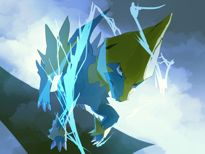 creatures_(company) electricity fog fusenryo game_freak gen_3_pokemon looking_up manectric nintendo no_humans pokemon pokemon_(creature) red_eyes walking_towards_viewer