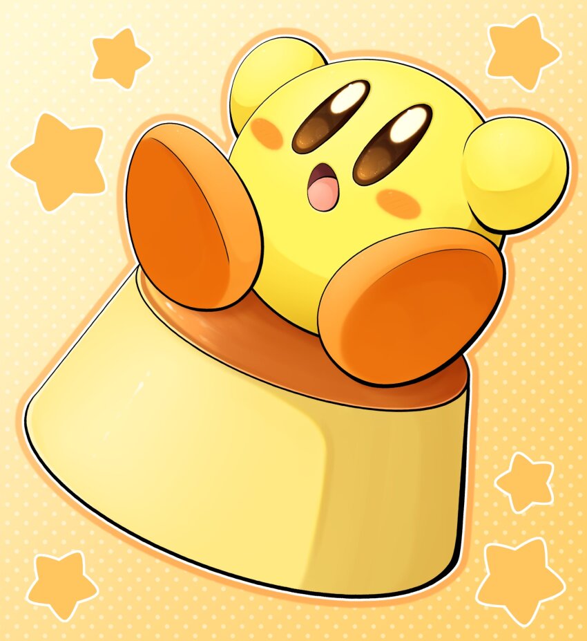 alternate_color blush_stickers brown_eyes colored_skin creature food highres kirby kirby_(series) nintendo no_humans open_mouth outline polka_dot polka_dot_background pudding slys_(jesterdysphoria) solid_oval_eyes solo star_(symbol) yellow_skin