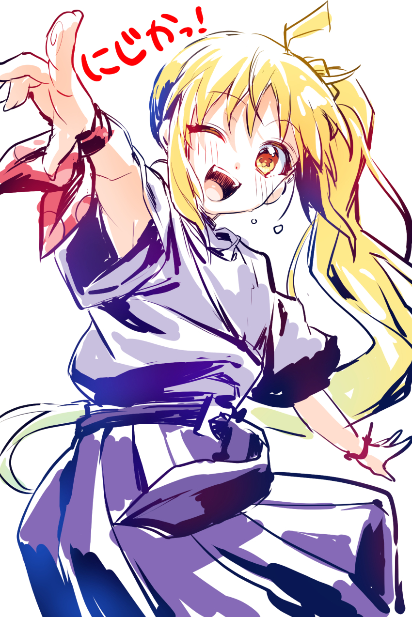 1girl ahoge armpit_peek armpits blonde_hair blue_skirt bocchi_the_rock! character_name commentary_request cowboy_shot fingerprint hand_up high_side_ponytail highres ijichi_nijika long_hair looking_at_viewer loose_clothes loose_shirt one_eye_closed open_mouth pointing shirt side_ponytail sidelocks simple_background skirt smile solo teeth upper_teeth_only wada_chiyon white_background wristband