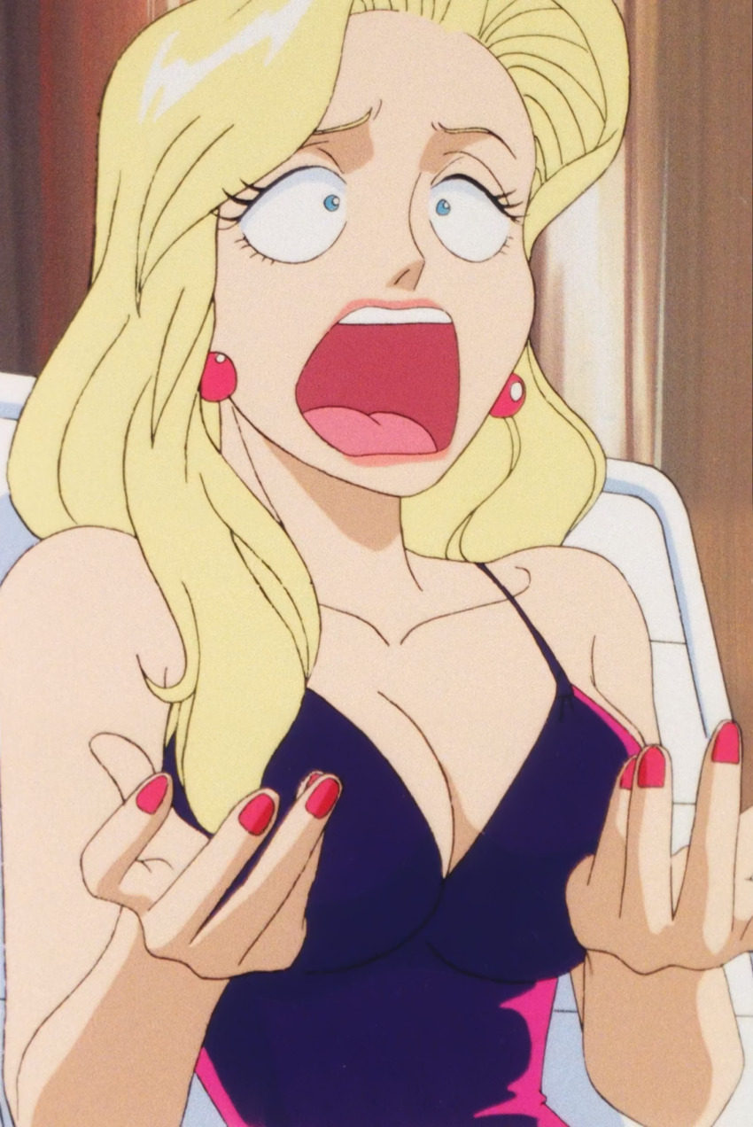 1girl black_one-piece_swimsuit breasts cleavage disgust earrings highres jewelry large_breasts long_hair looking_to_the_side marilyn_(red_baron) nail_polish one-piece_swimsuit open_mouth red_baron_(anime) screencap swimsuit third-party_edit upper_body very_long_hair