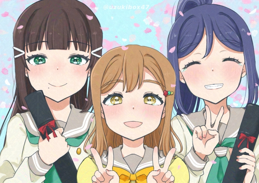 3girls adversarial_noise aqua_eyes azalea_(love_live!) black_hair blue_hair bow brown_eyes brown_hair cherry_blossoms closed_eyes commentary_request diploma diploma_tube double_v falling_petals flower green_neckerchief grey_sailor_collar hair_flower hair_ornament hairclip highres holding holding_diploma kunikida_hanamaru kurosawa_dia long_hair looking_at_viewer love_live! love_live!_sunshine!! matsuura_kanan mole mole_under_mouth multiple_girls neckerchief open_mouth petals ponytail sailor_collar school_uniform smile twitter_username uranohoshi_school_uniform uzukibox47 v yellow_bow