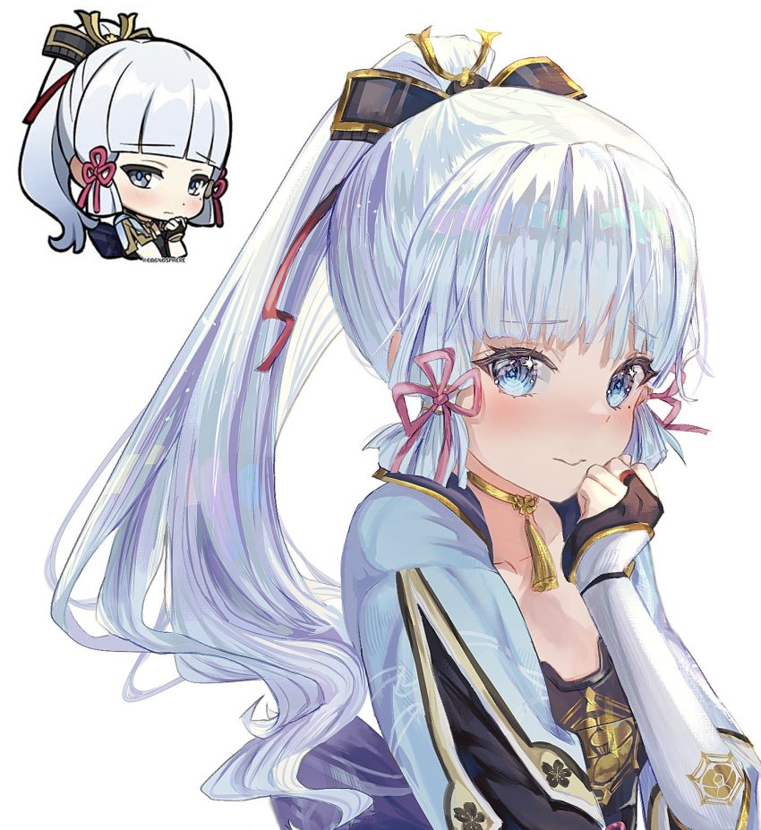 1girl armor ayaka_(genshin_impact) blue_eyes blue_hair blunt_bangs blush breastplate derivative_work elbow_gloves embarrassed flower_knot genshin_impact gloves gold_trim highres isuzu_(an_icy_cat) japanese_armor light_blue_hair meme mole mole_under_eye partially_fingerless_gloves ponytail solo
