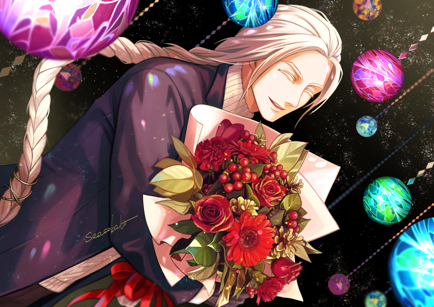 1boy :d ^_^ artist_name bouquet braid christmas closed_eyes colored_eyelashes commentary dutch_angle english_commentary flower fujin_(mortal_kombat) highres holding holding_bouquet long_hair male_focus mortal_kombat_(series) open_mouth red_flower red_rose rose seacobalt smile solo very_long_hair white_hair