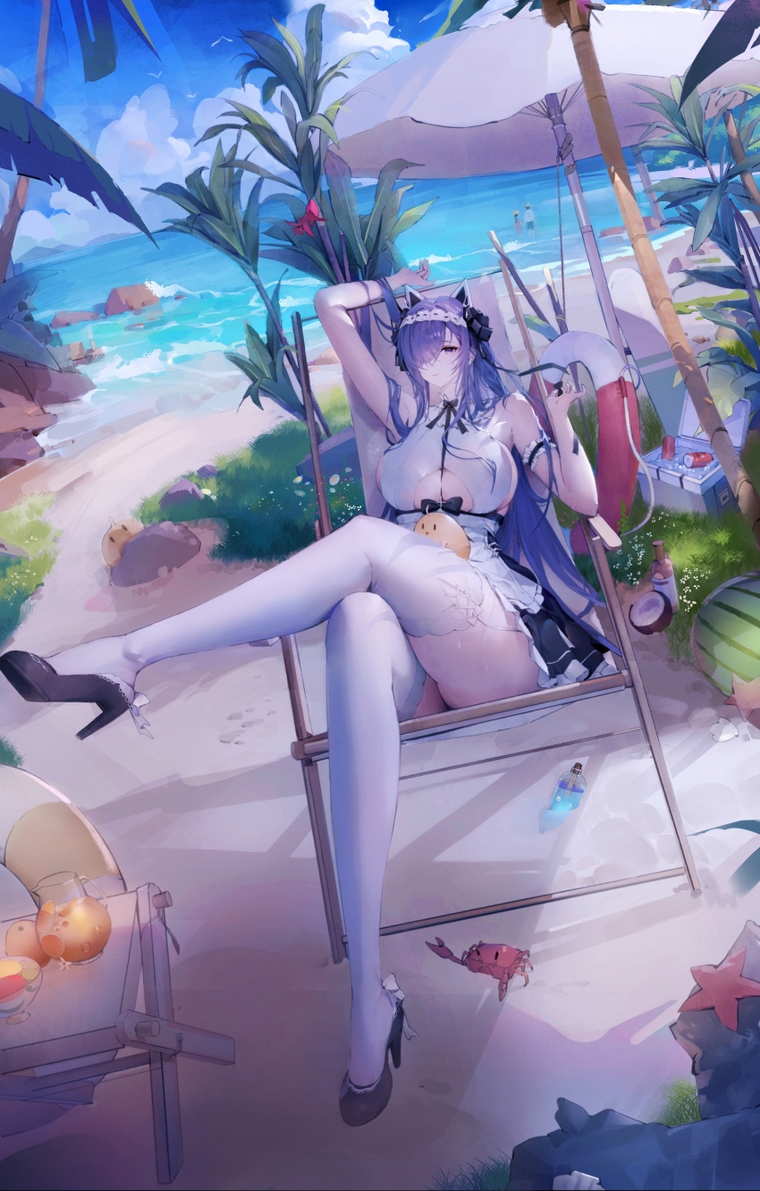 1girl absurdres august_von_parseval_(azur_lane) august_von_parseval_(the_conquered_unhulde)_(azur_lane) awljdojao azur_lane beach beach_chair beach_umbrella between_breasts black_shoes blue_sky breasts can chinese_commentary clothing_cutout coconut commentary_request crab crossed_legs curled_horns day dress drink_can dutch_angle full_body garter_straps hair_lift hair_over_one_eye high_heels highres horns ice ice_cube innertube lace lace-trimmed_thighhighs lace_trim large_breasts long_hair looking_at_viewer maid_headdress manjuu_(azur_lane) mechanical_horns mouth_hold ocean official_alternate_costume one_eye_covered open_umbrella outdoors purple_eyes purple_hair ribbon ribbon_in_mouth sand shoes sitting sky sleeveless sleeveless_dress soda_can solo starfish strap_between_breasts swim_ring thighhighs two-tone_dress umbrella underboob_cutout water white_dress white_garter_straps white_thighhighs