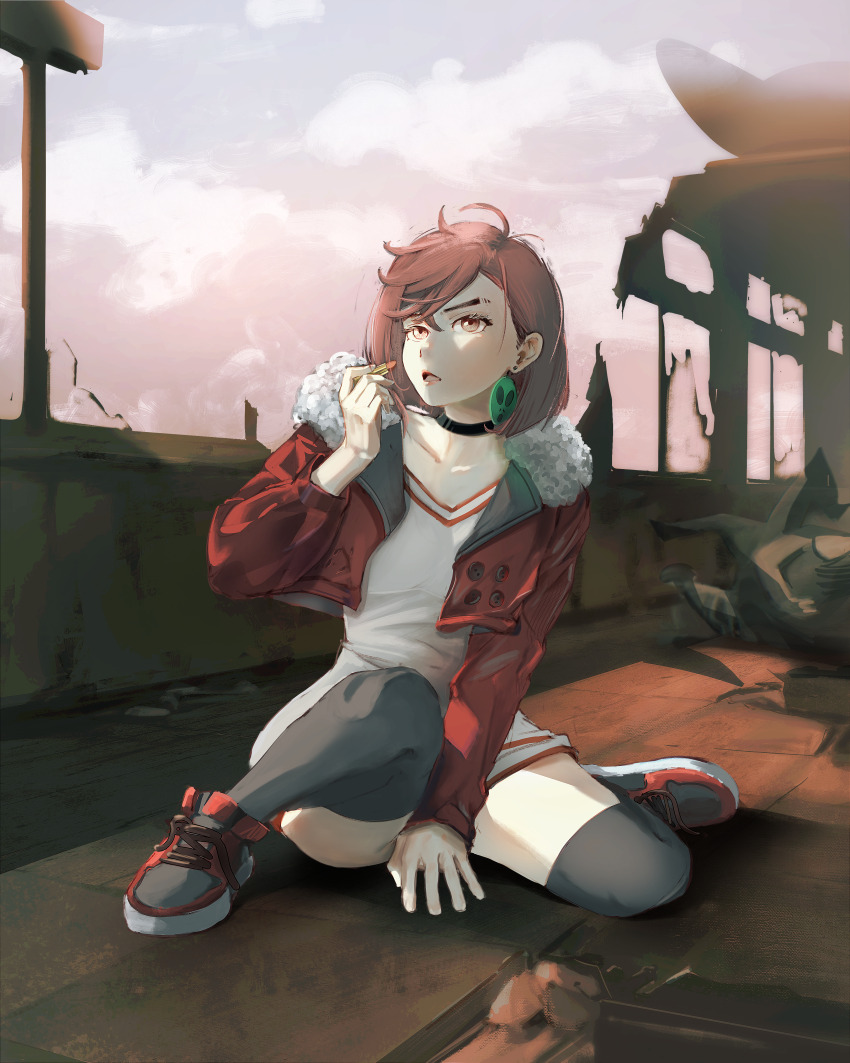 1girl absurdres arm_between_legs ayase_momo black_choker black_thighhighs brown_eyes brown_hair choker cloud cloudy_sky collarbone commentary cosmetics cropped_jacket dandadan dress earrings full_body fur-trimmed_jacket fur_trim hair_behind_ear hair_between_eyes hand_on_ground highres holding holding_lipstick_tube jacket jewelry jsebaxx knee_up lipstick_tube long_sleeves medium_hair official_alternate_costume open_clothes open_jacket open_mouth outdoors pink_lips red_jacket red_shoes shoes short_dress sitting sky sneakers solo thick_eyebrows thighhighs v-neck wariza white_dress
