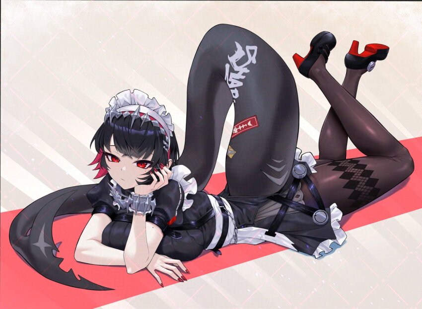 1girl :/ black_dress black_footwear black_hair breasts closed_mouth colored_inner_hair dress ellen_joe fins fish_tail frilled_wristband full_body gabriel_carrasquillo hairband hand_on_own_cheek hand_on_own_face head_rest high_heels large_breasts legs_up looking_at_viewer lying maid maid_headdress metal_hairband mole mole_on_arm mole_under_eye multicolored_hair on_stomach pantyhose print_pantyhose pumps red_eyes red_hair red_nails scar scar_on_tail shark_girl shark_tail short_hair short_sleeves solo spiked_headband tail thighs two-tone_hair zenless_zone_zero