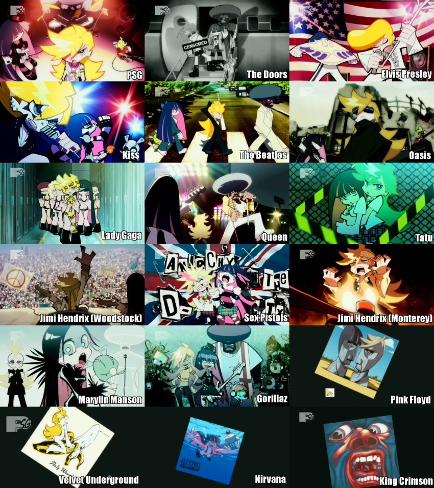 1boy 5girls abbey_road absurdres afro album_cover anime_screenshot annotated brand_name_imitation chuck_(psg) comparison cover cupcake elvis_presley food garterbelt_(psg) gorillaz highres in_the_court_of_the_crimson_king jimi_hendrix king_crimson kiss_(rock_band) lady_gaga_(copyright) marilyn_manson mtv multiple_girls nevermind nirvana_(band) nirvana_(blazblue) non-web_source panty_&amp;_stocking_with_garterbelt panty_(psg) parody pink_floyd queen_(band) sex_pistols stocking_(psg) tatu the_beatles typo velvet_underground