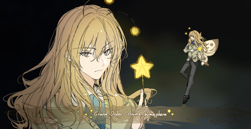 1boy antennae arlizi arm_at_side ascot black_background black_footwear black_pants blonde_hair blue_ascot blue_eyes cardigan clenched_hand closed_mouth commentary english_text expressionless fairy_wings fate/grand_order fate_(series) floating green_cardigan hair_between_eyes hand_up highres holding holding_wand kirschtaria_wodime knee_up long_hair long_sleeves looking_at_viewer male_focus multiple_views noble_phantasm_(fate) official_alternate_costume pants parody shirt shoes simple_background star_(symbol) star_wand symbol-only_commentary wand white_shirt wings
