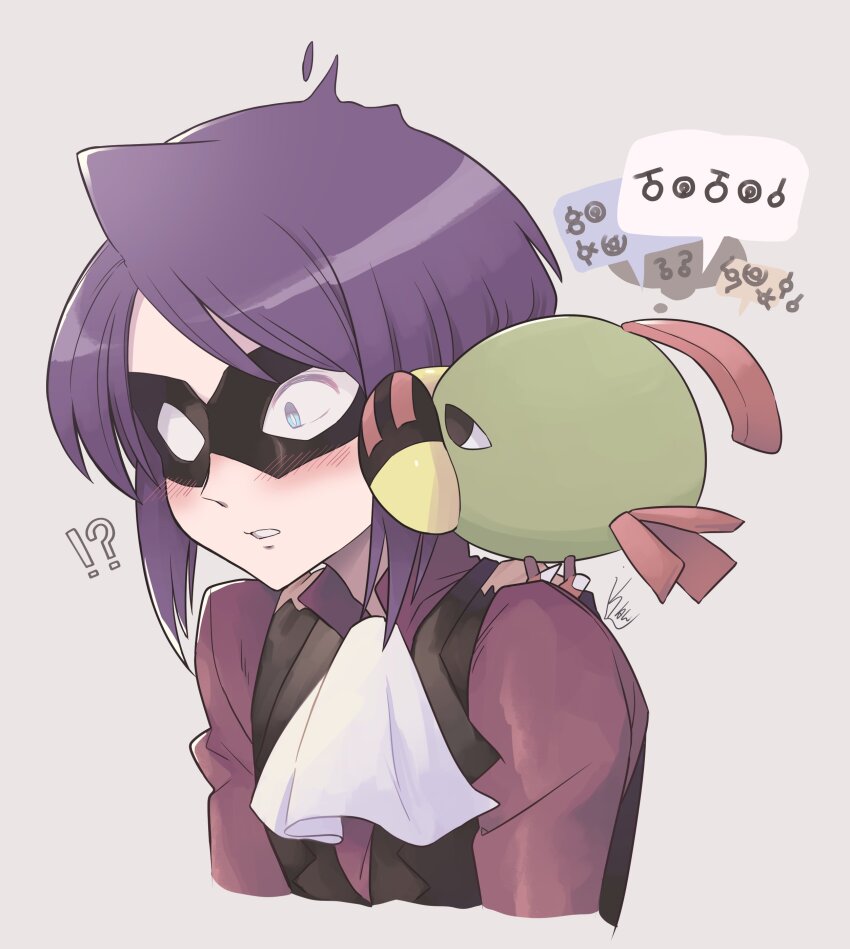 !? &lt;o&gt;_&lt;o&gt; 1boy ^^^ absurdres ascot bird black_vest blush colored_skin commentary_request eye_mask eyes_visible_through_eyewear game_freak gen_2_pokemon green_skin hair_intakes highres itrneu_eaka long_sleeves male_focus mask medium_hair natu nintendo on_shoulder parted_lips plume pokemon pokemon_(creature) pokemon_hgss pokemon_on_shoulder purple_hair purple_shirt shirt simple_background solo speech_bubble swept_bangs unown unown_! unown_? unown_i unown_k unown_o unown_s unown_t unown_w vest white_ascot white_background will_(pokemon)