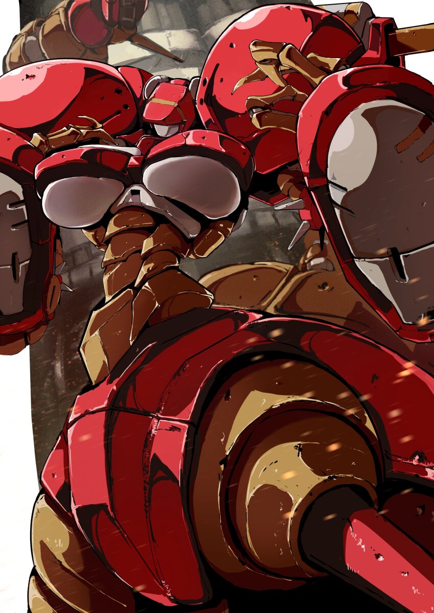 1girl absurdres armor biomechanical breasts chi_un-d geostorm highres irem no_feet no_humans oversized_forearms oversized_limbs robot_girl rust san-ban_senji_cha_gubigubi snake