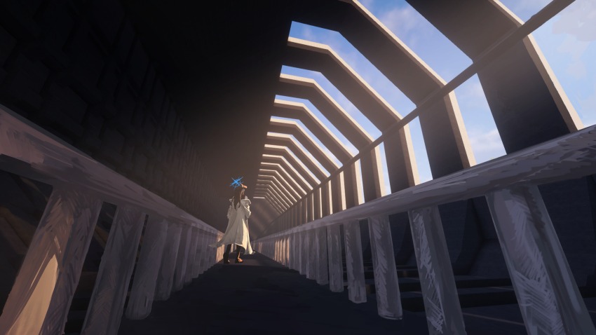 1girl absurdres baseball_cap black_hair blue_archive blue_halo blue_sky building coat coat_partially_removed commentary_request day facing_away halo hat highres indoors kani_etizen03 long_hair railing saori_(blue_archive) scenery sky solo white_coat