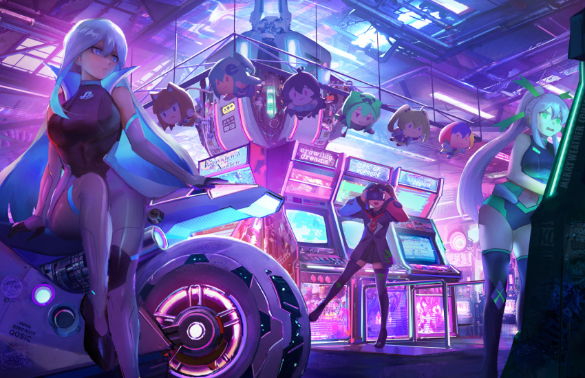 3girls arcade arcade_cabinet black_leotard blue_eyes blue_hair breasts character_doll character_request closed_mouth controller crawling_dreams creeper expressionless firefox_(merryweather) game_console game_controller google_chrome google_chrome_(merryweather) green_eyes hair_ribbon holding holding_controller holding_game_controller internet_explorer internet_explorer_(merryweather) internet_explorer_(webcomic) large_breasts leotard long_hair minecraft motor_vehicle motorcycle mozilla_firefox multicolored_hair multiple_girls nintendo_switch nintendo_switch_(personification) nyarla_(osiimi) open_mouth personification playing_games playstation_5 product_girl ps5_chan qosic ribbon school_uniform serafuku small_breasts thighhighs twintails video_game white_hair xbox_series_x xbox_series_x_(personification)