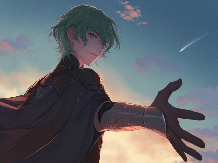 1boy armor black_cape black_gloves black_gorget cape cloud comet commentary commentary_request dusk english_commentary fire_emblem fire_emblem:_three_houses gloves gorget green_eyes green_hair highres looking_ahead male_byleth_(enlightened)_(fire_emblem) male_byleth_(fire_emblem) male_focus mixed-language_commentary nintendo outstretched_arm outstretched_hand parted_lips short_hair sky solo teeth upper_body wrainbow13
