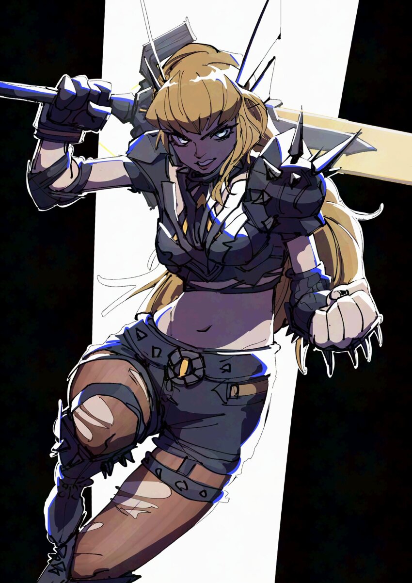 1girl black_background blonde_hair blue_eyes breasts cleavage cleavage_cutout clothing_cutout crop_top gloves highres holding holding_sword holding_weapon huge_weapon long_hair looking_at_viewer magik_(x-men) marvel marvel_rivals midriff navel short_shorts shorts solo superebiseeeen sword thighhighs two-tone_background weapon white_background x-men