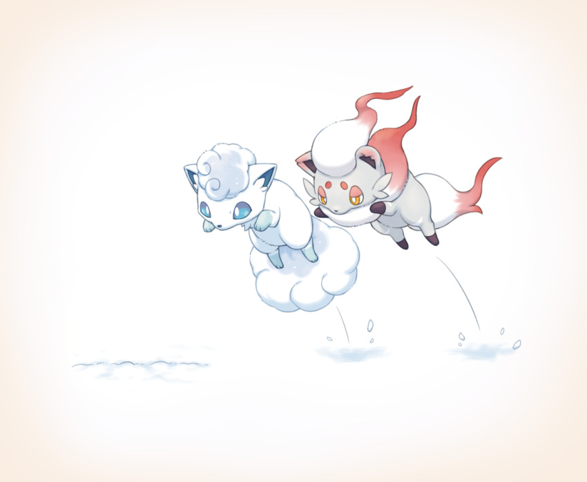 alolan_form alolan_vulpix animal_focus blue_eyes bright_pupils closed_mouth commentary_request full_body game_freak gen_7_pokemon hisuian_zorua jumping kemonomichi_(blue_black) nintendo no_humans orange_eyes pokemon pokemon_(creature) pouncing snow white_background white_pupils winter