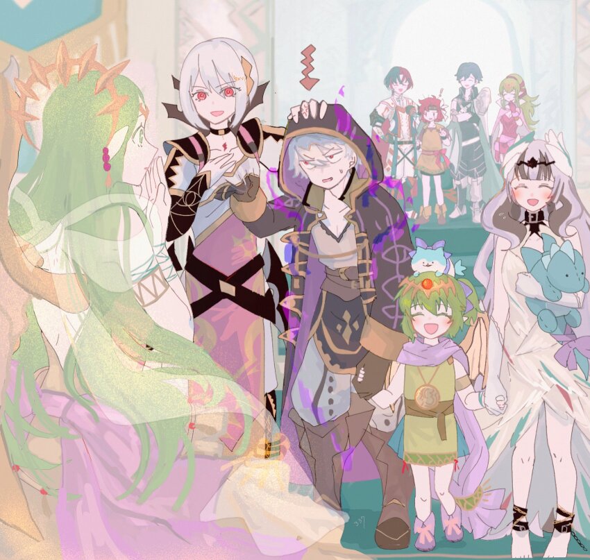 4girls 5boys armor black_coat blue_hair chrom_(fire_emblem) closed_eyes coat dress fire_emblem fire_emblem:_mystery_of_the_emblem fire_emblem_awakening fire_emblem_engage fire_emblem_heroes green_eyes green_hair grey_hair grima_(fire_emblem) hair_ornament highres holding holding_hands holding_stuffed_toy hood hooded_coat long_hair long_sleeves male_alear_(fire_emblem) male_robin_(fire_emblem) male_robin_(grima)_(fire_emblem) multicolored_hair multiple_boys multiple_girls naga_(fire_emblem) nintendo open_mouth pants pink_dress ponytail rafal_(fire_emblem) red_eyes red_hair sasaki_(dkenpisss) shirt short_hair smile stuffed_toy tiki_(adult)_(fire_emblem) tiki_(fire_emblem) tiki_(young)_(dragon&#039;s_progeny)_(fire_emblem) tiki_(young)_(fire_emblem) two-tone_hair veyle_(fire_emblem) white_dress xane_(fire_emblem)