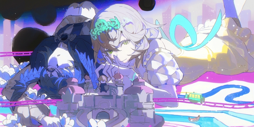2girls absurdres blue_hair brown_hair castle detached_sleeves dress elpis_flower expressionless feathered_wings final_fantasy final_fantasy_xiv flower green_eyes hand_on_own_cheek hand_on_own_face head_wings highres jidappeng looking_at_viewer lying meteion multiple_girls on_back on_stomach short_hair smile sphene_(ff14) tiara toy toy_train white_flower wings yellow_dress