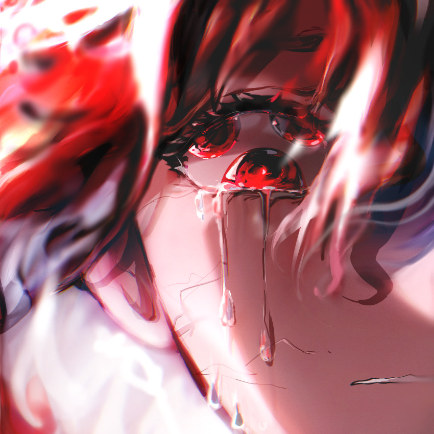 1girl absurdres blurry brown_hair close-up commentary cracked_skin crying crying_with_eyes_open eshatinaaaa extra_pupils eye_focus eyelashes glowing glowing_eyes hair_between_eyes highres looking_at_viewer portrait re:zero_kara_hajimeru_isekai_seikatsu red_eyes russian_commentary shaula_(re:zero) simple_background solo tears variant_set