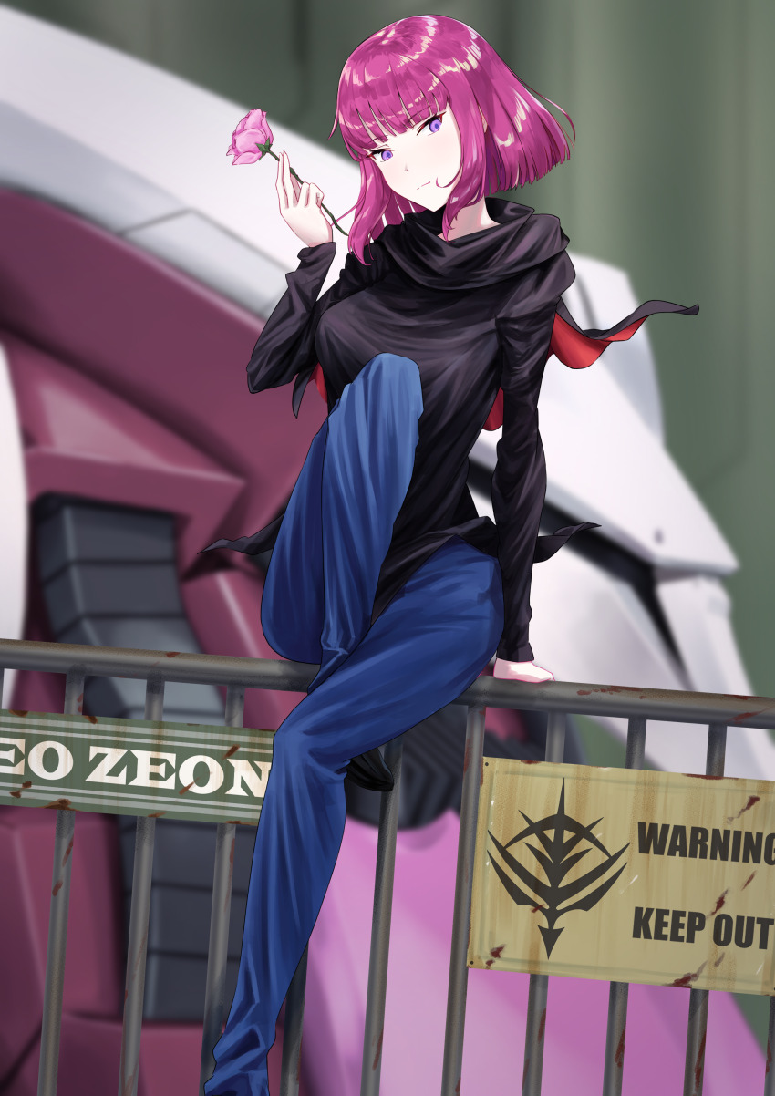 1girl absurdres blurry blurry_background bob_cut emblem english_text flower gundam gundam_zz haman_karn highres holding holding_flower legend_of_heros logo looking_at_viewer machinery mecha mobile_suit neo_zeon pink_hair purple_eyes qubeley robot rose roundel science_fiction seductive_smile sign sitting smile warning_sign zeta_gundam