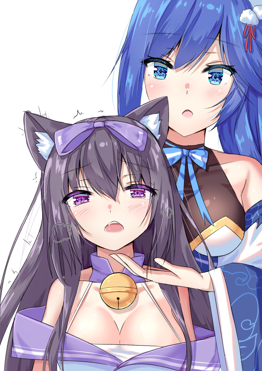2girls absurdres animal_ears arashio_(azur_lane) azur_lane bell black_hair blue_eyes blue_hair bow breasts cat_ears cleavage commentary_request detached_collar detached_sleeves eyes_visible_through_hair fox_ears hair_bow hair_ornament hair_ribbon highres japanese_clothes jintsuu_(azur_lane) large_breasts long_hair multiple_girls natie open_mouth ponytail purple_eyes ribbon sidelocks simple_background twitching white_background wide_sleeves