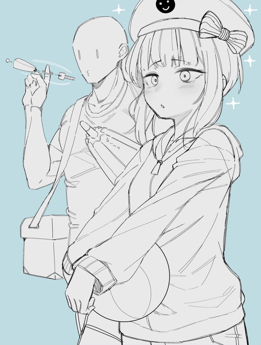 1boy 1girl absurdres aqua_background bag beach_umbrella blunt_bangs blush bow closed_umbrella commentary_request greyscale hat hat_bow highres holding kantai_collection long_sleeves monochrome o3o parted_lips shiawase_hougan shirt short_hair simple_background smiley_face sparkle umbrella z3_max_schultz_(kancolle)