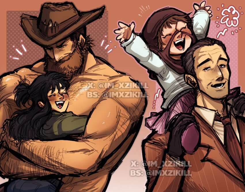 2boys 2girls balaclava beard beard_stubble black_gloves black_hair blazer bluesky_username brown_hair brown_hat brown_jacket brown_necktie carrying child closed_mouth collared_shirt commentary cowboy_hat english_commentary facial_hair formal_clothes gloves hat hug jacket medium_hair multiple_boys multiple_girls necktie olivia_mann open_mouth piggyback pink_skirt red_spy_(tf2) saxton_hale shirt short_hair skirt smile spy_(tf2) striped_clothes striped_jacket stubble suit team_fortress_2 twitter_username upper_body vertical-striped_clothes vertical-striped_jacket very_short_hair white_shirt xzikill