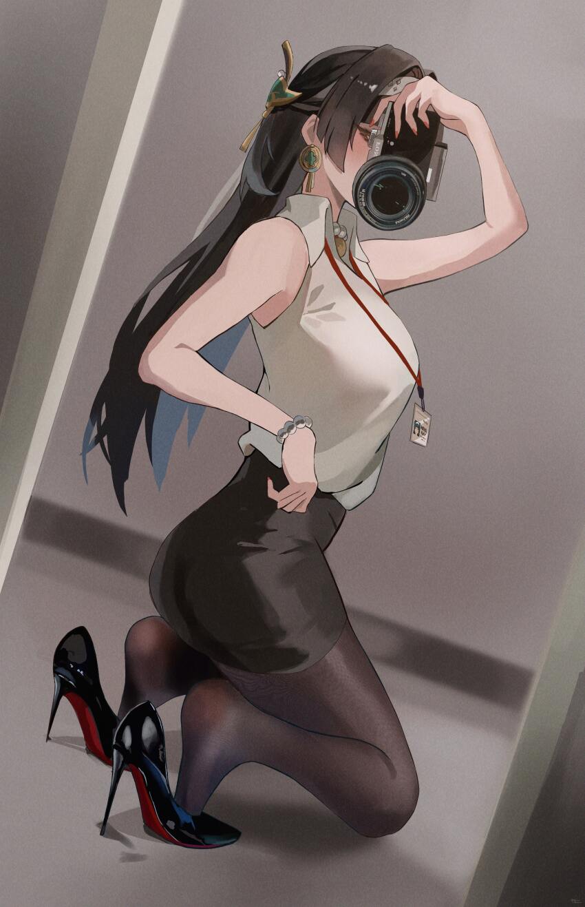1girl absurdres ass astra_yao black_hair black_pantyhose black_shoes black_skirt blush bracelet breasts camera commentary_request covered_face dress_shirt dutch_angle full-length_mirror half_updo heel_pop high_heels highres holding holding_camera indoors jewelry kneeling lanyard long_hair medium_breasts miniskirt mirror mirror_selfie nail_polish pantyhose partial_commentary patent_heels pearl_bracelet pencil_skirt pumps red_soles reflection reflection_focus selfie shirt shirt_tucked_in shoes single-lens_reflex_camera skirt sleeveless sleeveless_shirt soles solo stiletto_heels very_long_hair white_shirt yato_(yama0x1) zenless_zone_zero