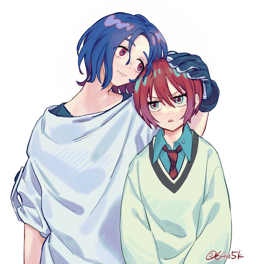 1boy 1girl amate_yuzuriha aqua_eyes blue_hair blush chin_rest collared_shirt colored_inner_hair gloves gundam gundam_gquuuuuux head_on_head head_rest highres lower_eyelashes_only multicolored_hair necktie open_mouth purple_hair red_eyes red_hair school_uniform shimazu. shirt short_hair shuji_ito simple_background smile sweater two-tone_hair upper_body white_background white_shirt